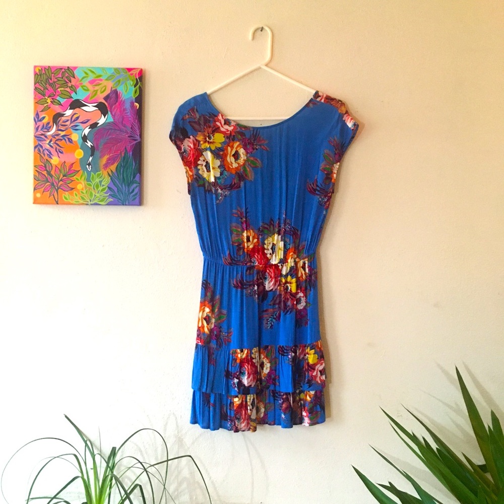 Anthropologie Blue Floral Ruffle Hem Dress